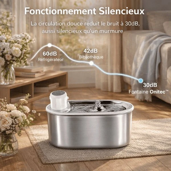 Fontaine à eau chat sans fil inox à source centrale - Onitec™
