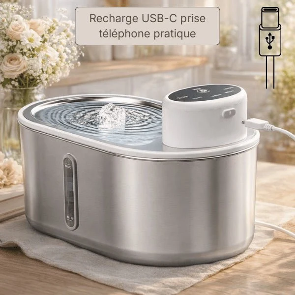 Fontaine à eau chat sans fil inox à source centrale - Onitec™
