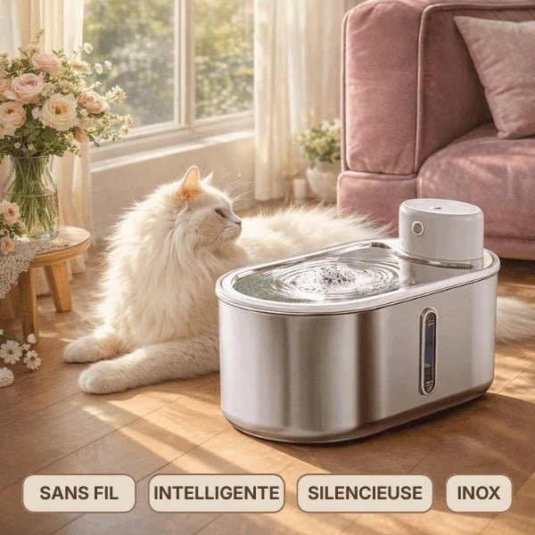 Fontaine à eau chat sans fil inox à source centrale - Onitec™