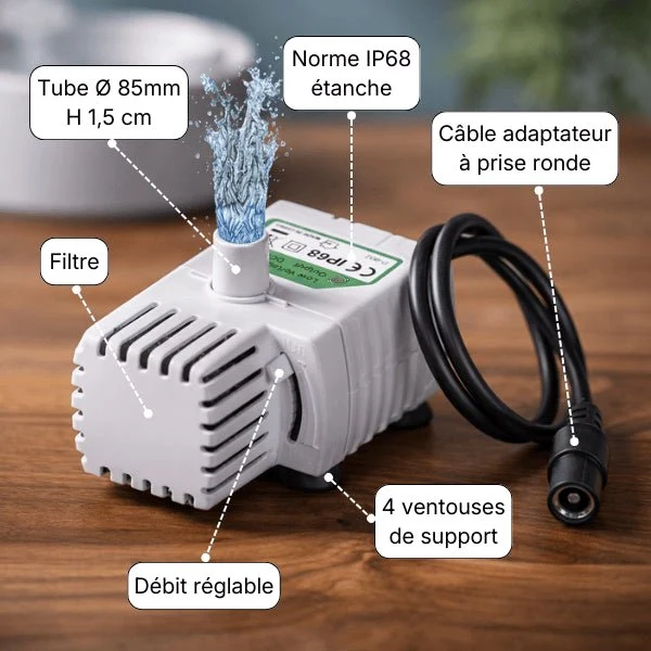 Pompe fontaine pour chat - prise ronde filtrée