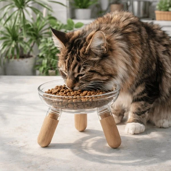 Gamelle pour chat - Surélevée 3 pieds en bois élégante - GlassBowl™