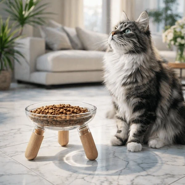 Gamelle pour chat - Surélevée 3 pieds en bois élégante - GlassBowl™