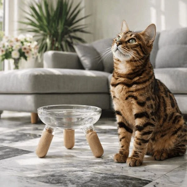 Gamelle pour chat - Surélevée 3 pieds en bois élégante - GlassBowl™
