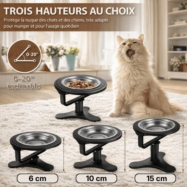 Gamelle surélevée chat - Réglable hauteur et inclinaison - AjustBowl™
