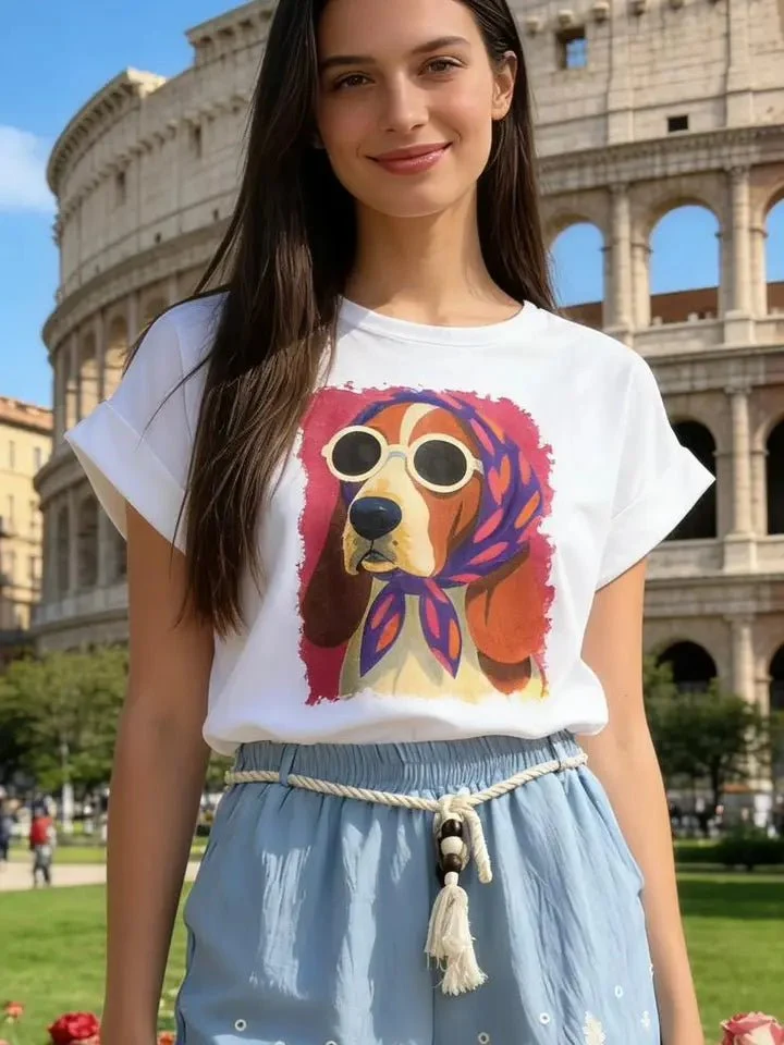 T-shirt imprimé chien basset hound femme esprit Dolce Vita