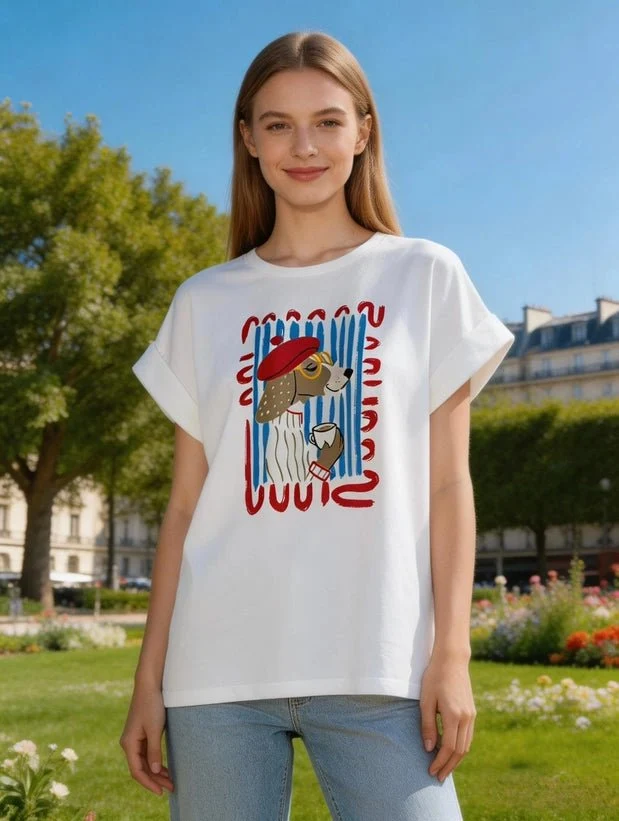 T-shirt imprimé chien parisien femme au style chic