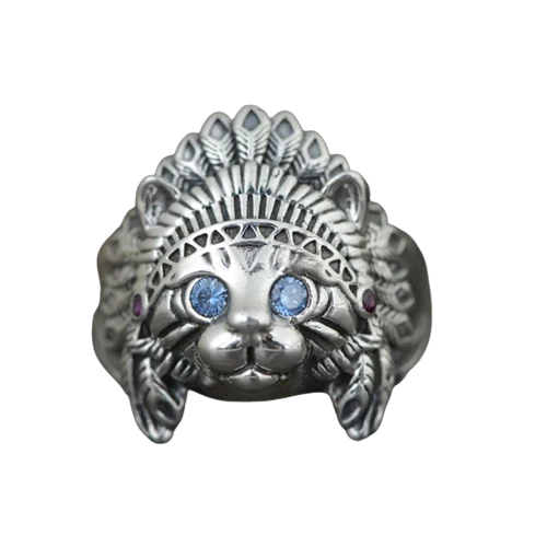 Bague chat indien aux yeux bleus en argent