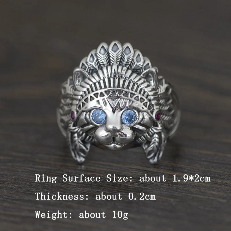 Bague chat indien aux yeux bleus en argent