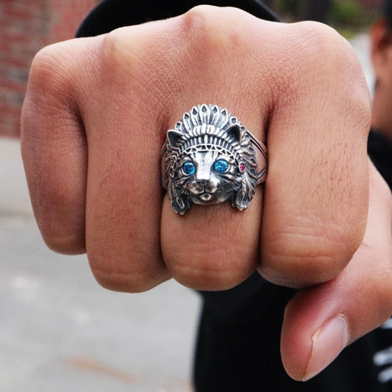 Bague chat indien aux yeux bleus en argent