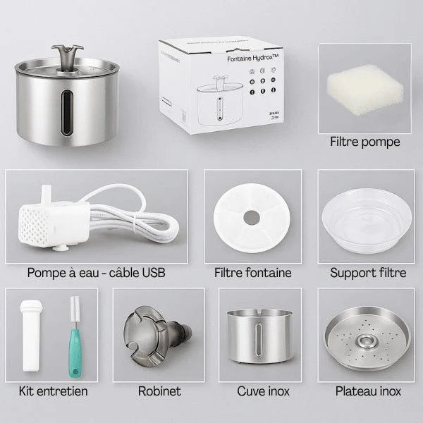 Fontaine eau pour chat - Hydrox™ : inox silencieuse 4 jets LED