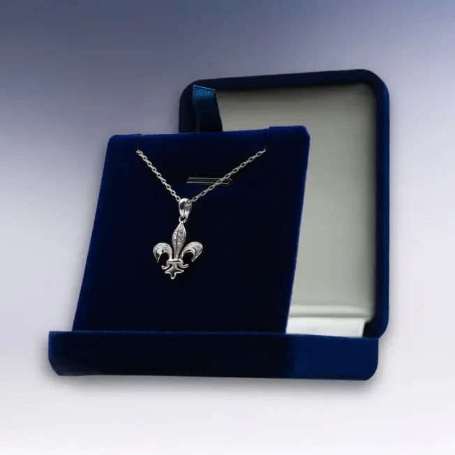 Collier Fleur de Lys dans sa boîte en velours bleu