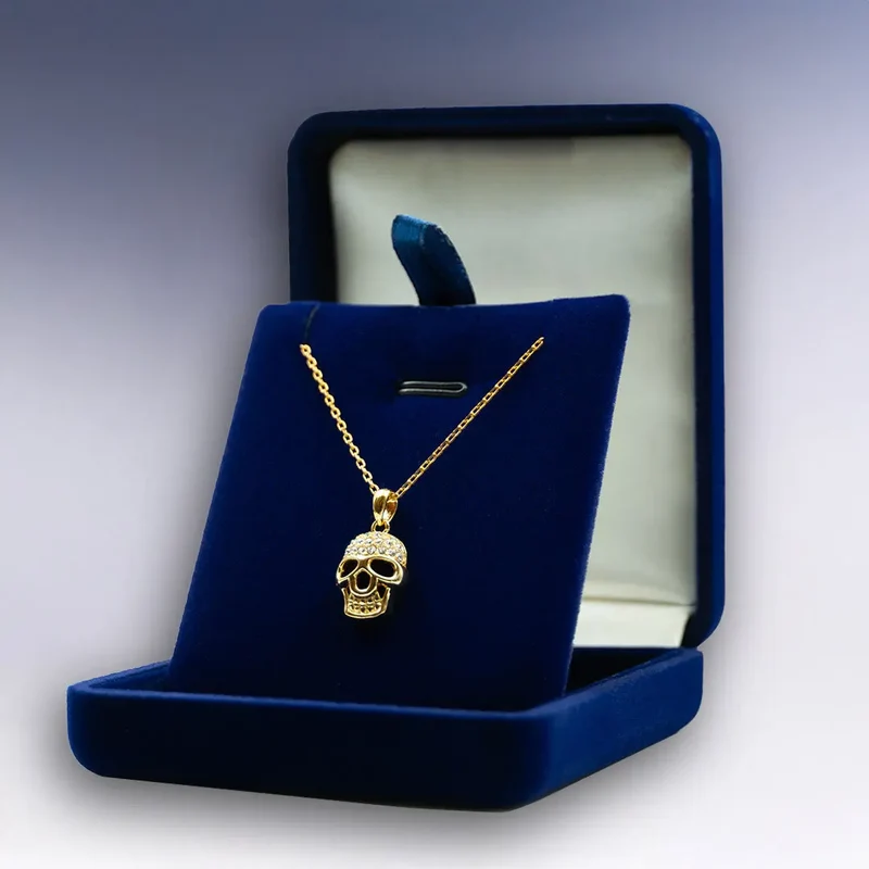 Collier Tête de Mort dans sa boîte en velours bleue