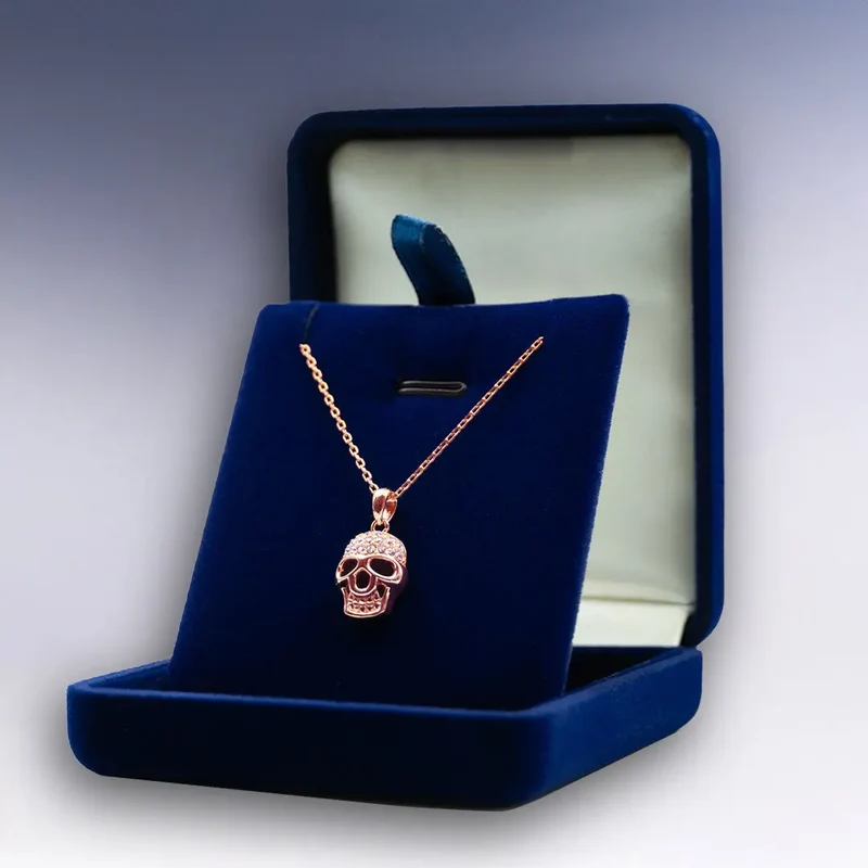 Collier Tête de Mort dans sa boîte en velours bleue