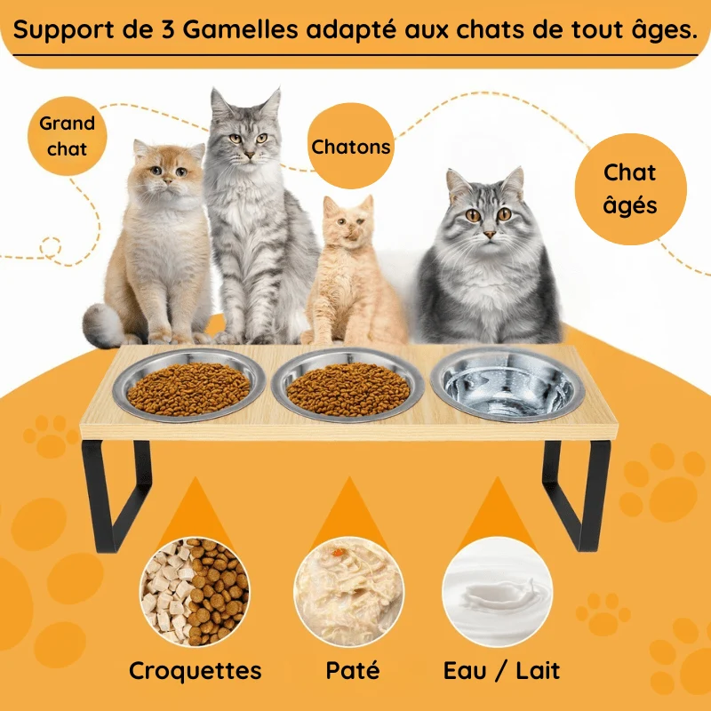 Gamelle pour chat triple - Doux-Festin™ : bols inox amovibles