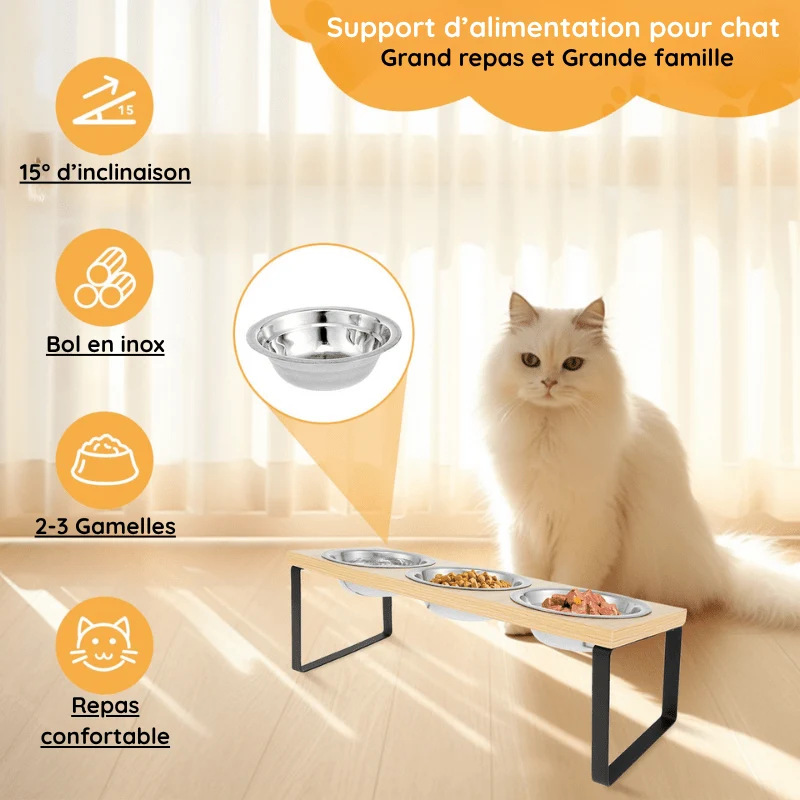 Gamelle pour chat triple - Doux-Festin™ : bols inox amovibles