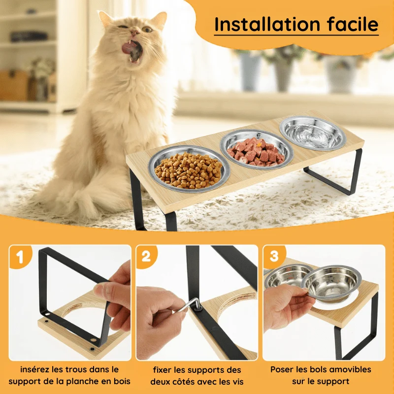 Gamelle pour chat triple - Doux-Festin™ : bols inox amovibles