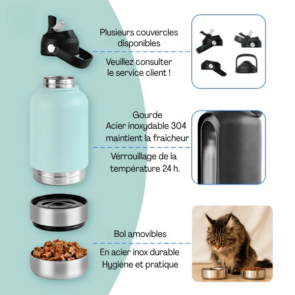 Gamelles chat portables - FéliPack™ : gourde 2 bols
