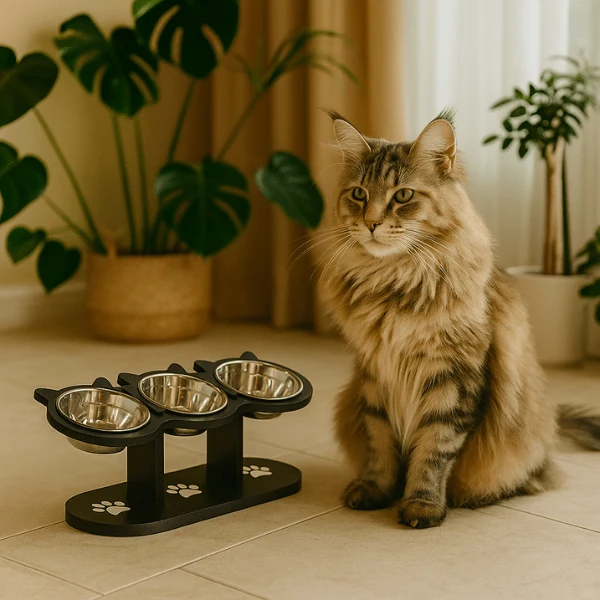 Gamelle chat surélevée triple - FéliMood™ : hauteur réglable