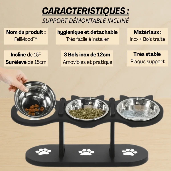 Gamelle chat surélevée triple - FéliMood™ : hauteur réglable