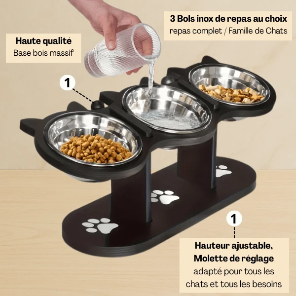 Gamelle chat surélevée triple - FéliMood™ : hauteur réglable