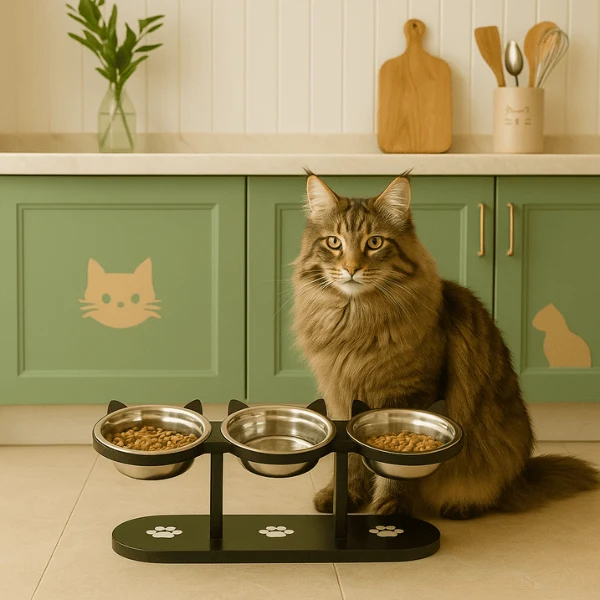 Gamelle chat surélevée triple - FéliMood™ : hauteur réglable