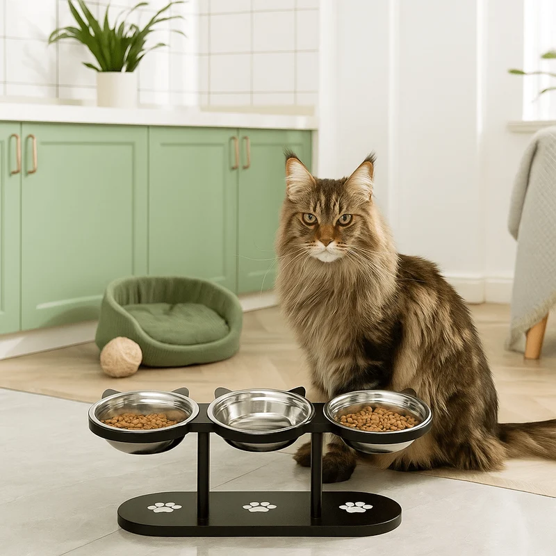 Gamelle chat surélevée triple - FéliMood™ : hauteur réglable