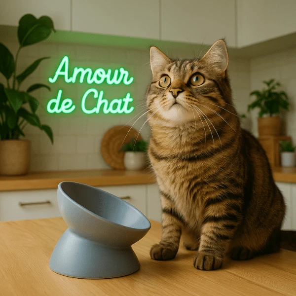 Gamelle chat surélevée inclinée - BowlMagic™ : céramique et digestion