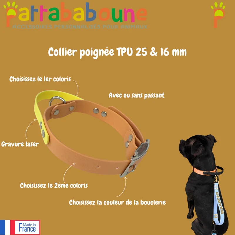 Collier poignée personnalisé pour chien TPU - 25 & 16 mm - Fait main en France