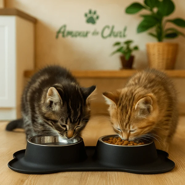 Gamelles chaton double - Doudouble Bowl™ : inox et tapis intégré