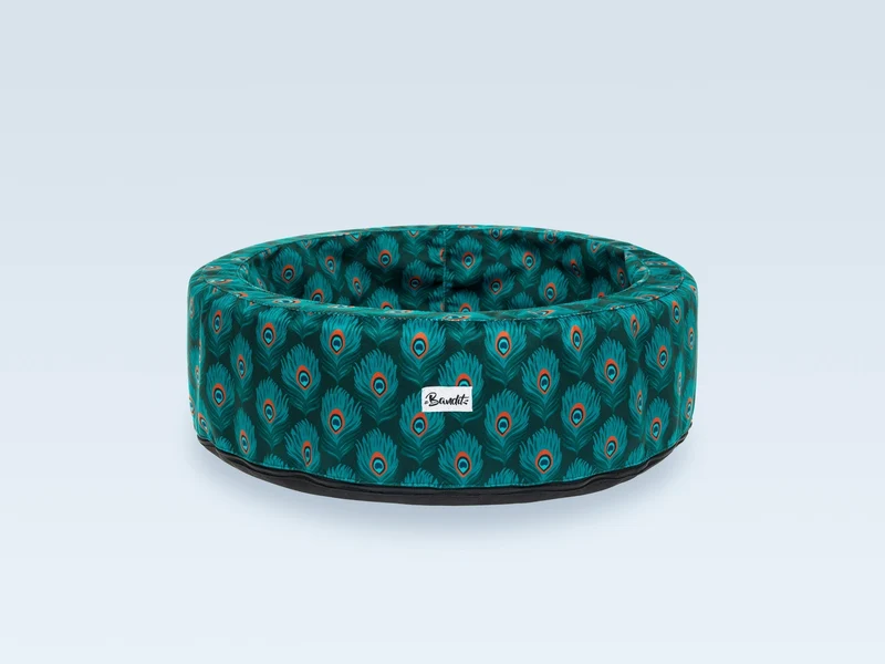 Panier rond pour chat, motif Plumes de paon