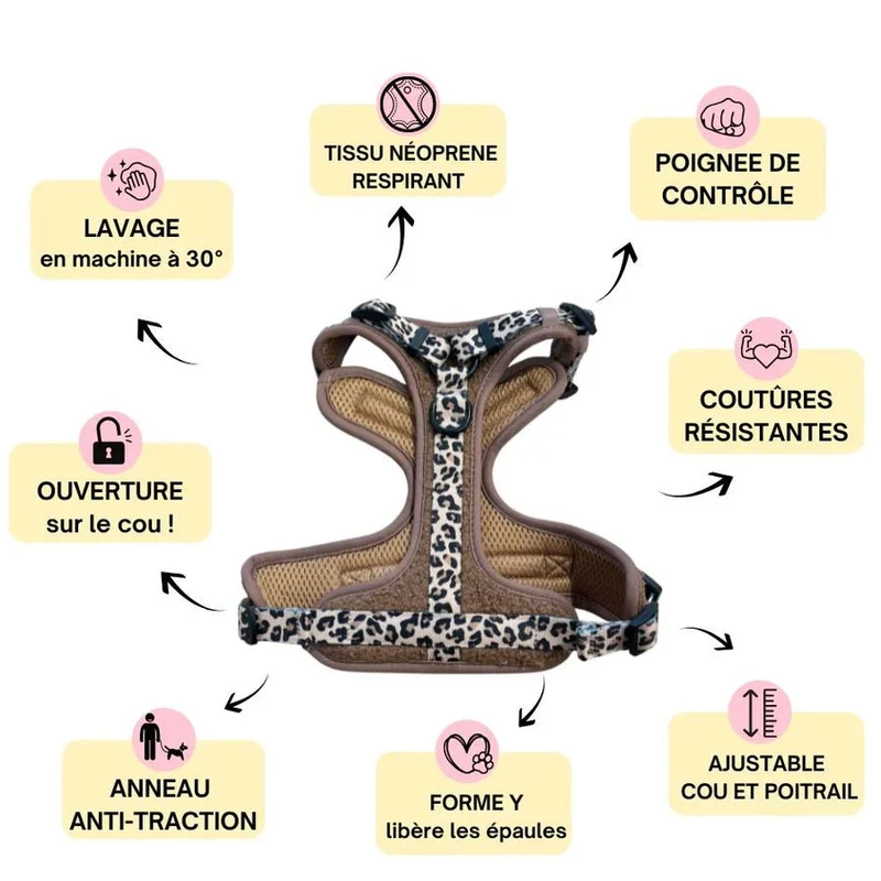 Harnais Comfy Teddy Brun + Léopard – Confort & Style