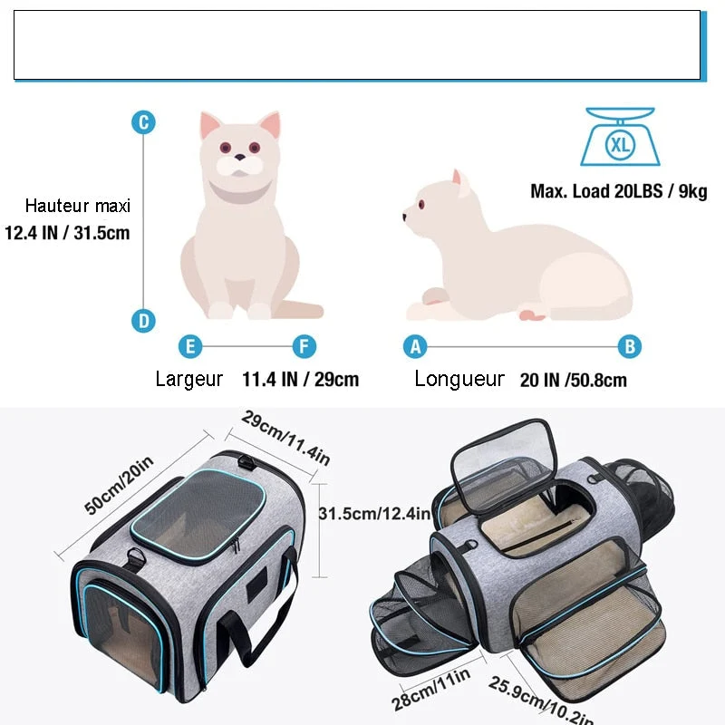 Sac de transport extensible 4 côtés pour chat – 50 x 29 x 31,5 cm