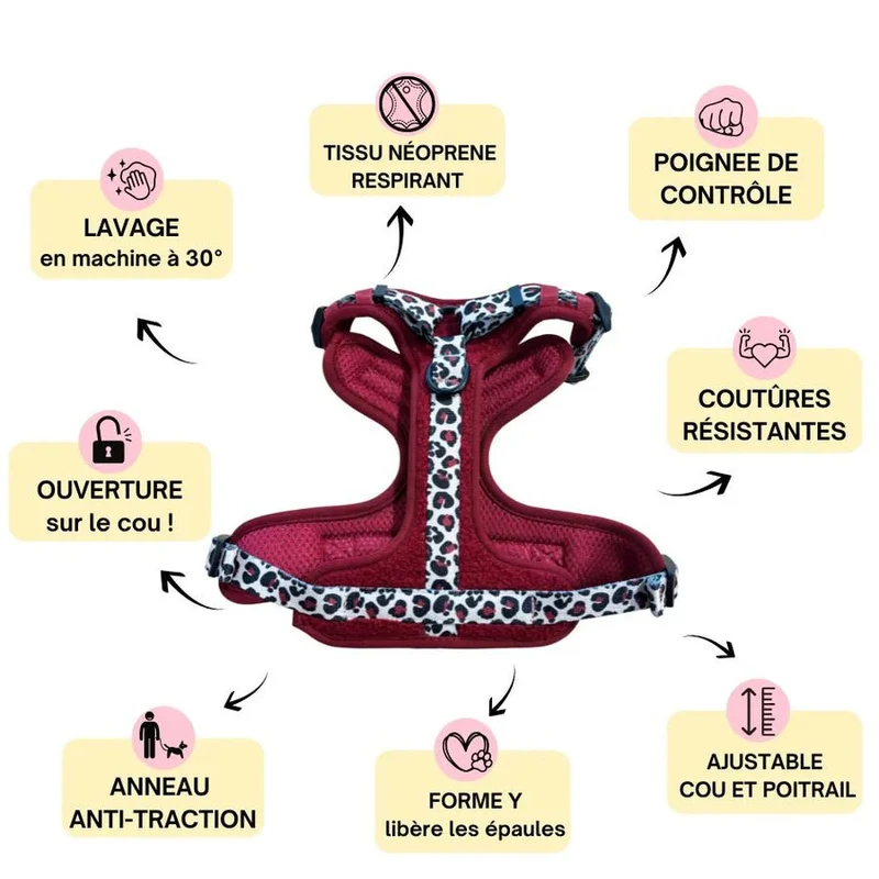 Harnais Comfy Teddy Bordeaux & Léopard – anti-traction cosy
