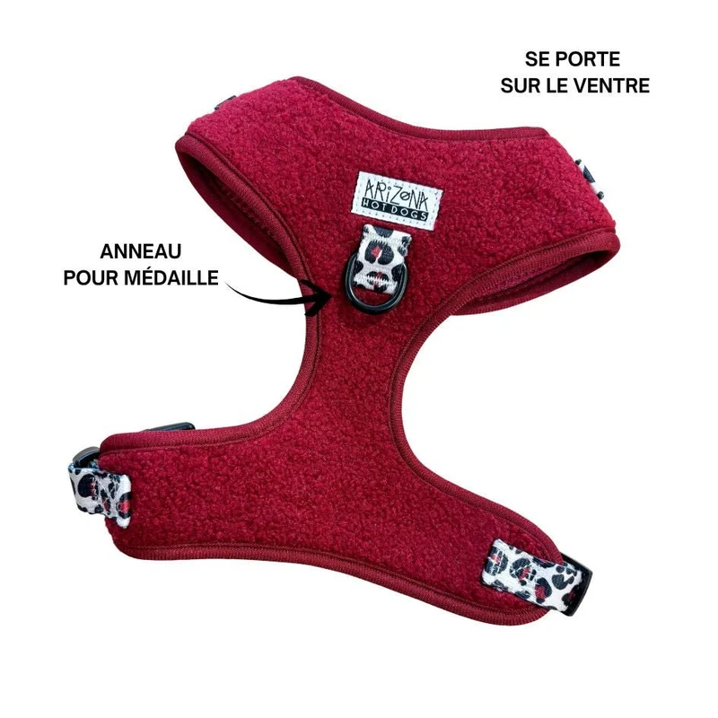 Harnais Classique H Teddy Bordeaux + Léopard – Ultra Doux & Ajustable