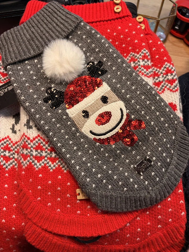 Pull de Noël Fergus – Jacquard festif rouge & écru pour chien