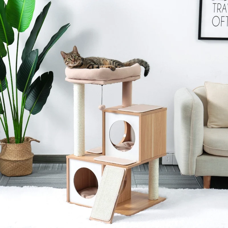 Arbre à chats moderne 89 cm - Modèle : ANTON - Beige