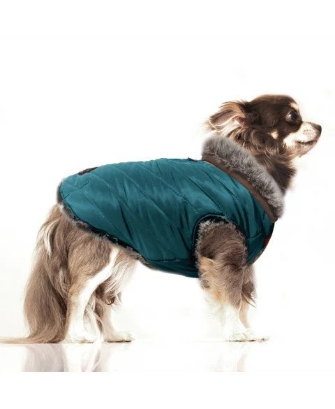 Doudoune réversible Orson pour chien – Bleu Pétrole / Fourrure Marron