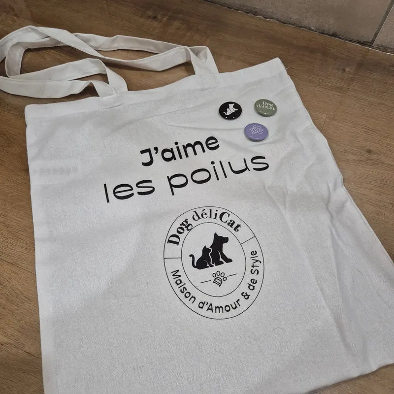 Tote bag chien chat – “J’aime les poilus” + 3 badges – DOG DéliCAT