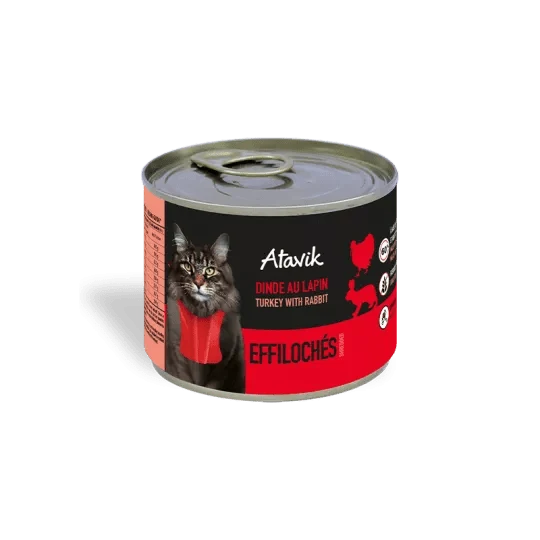 Pâtée sans céréales pour chat – Effilochés Dinde Lapin (200g)