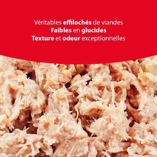 Pâtée sans céréales pour chat – Effilochés Dinde Lapin (200g)