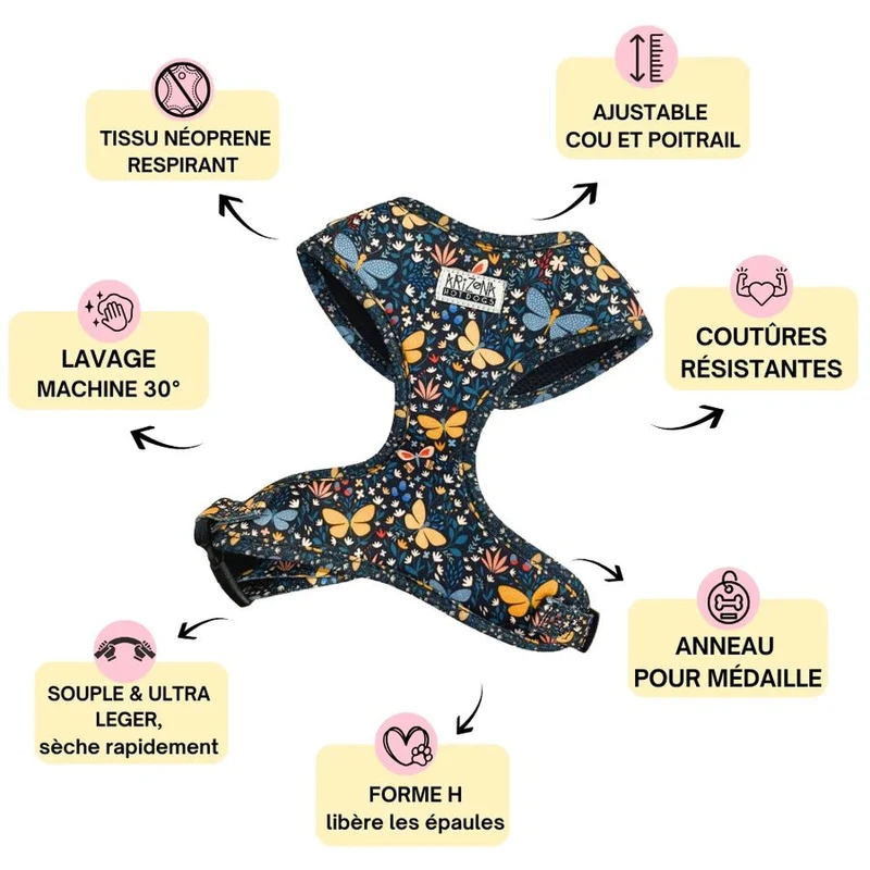 Harnais en H Butterfly – léger, fleuri & confortable