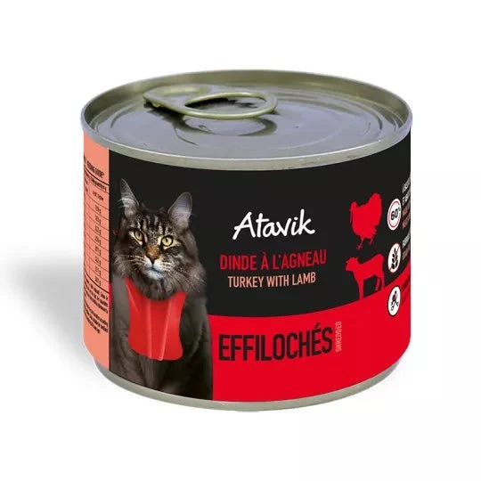 Pâtée sans céréales pour chat – Effilochés Dinde à l'Agneau (200g)