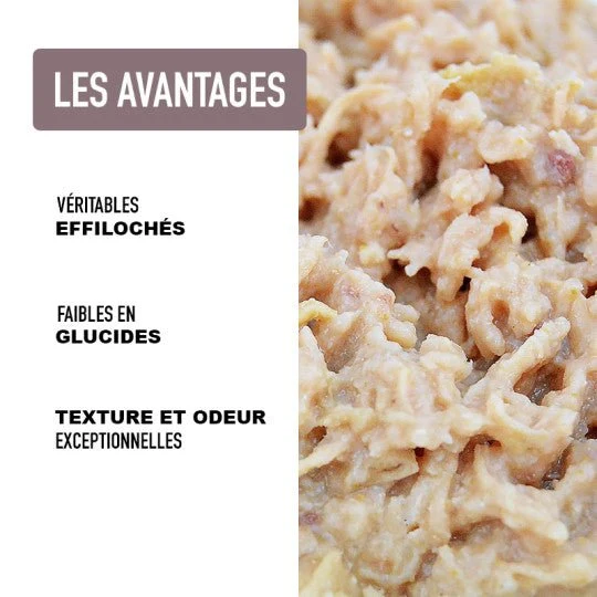 Pâtée sans céréales pour chat – Effilochés Poulet & Hareng (200g)