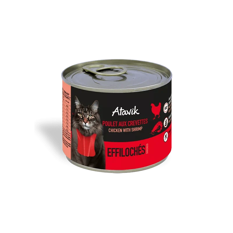 Pâtée sans céréales pour chat – Effilochés Poulet & Crevettes (200g)