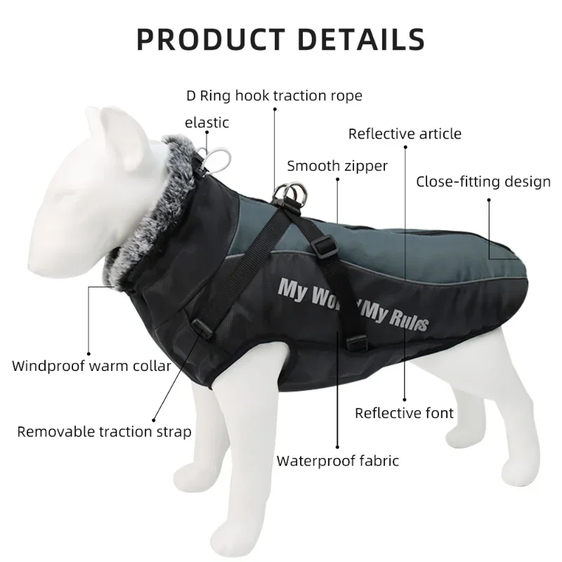 Manteau Imperméable Grand Chien Col Façon Fourrure Réfléchissant