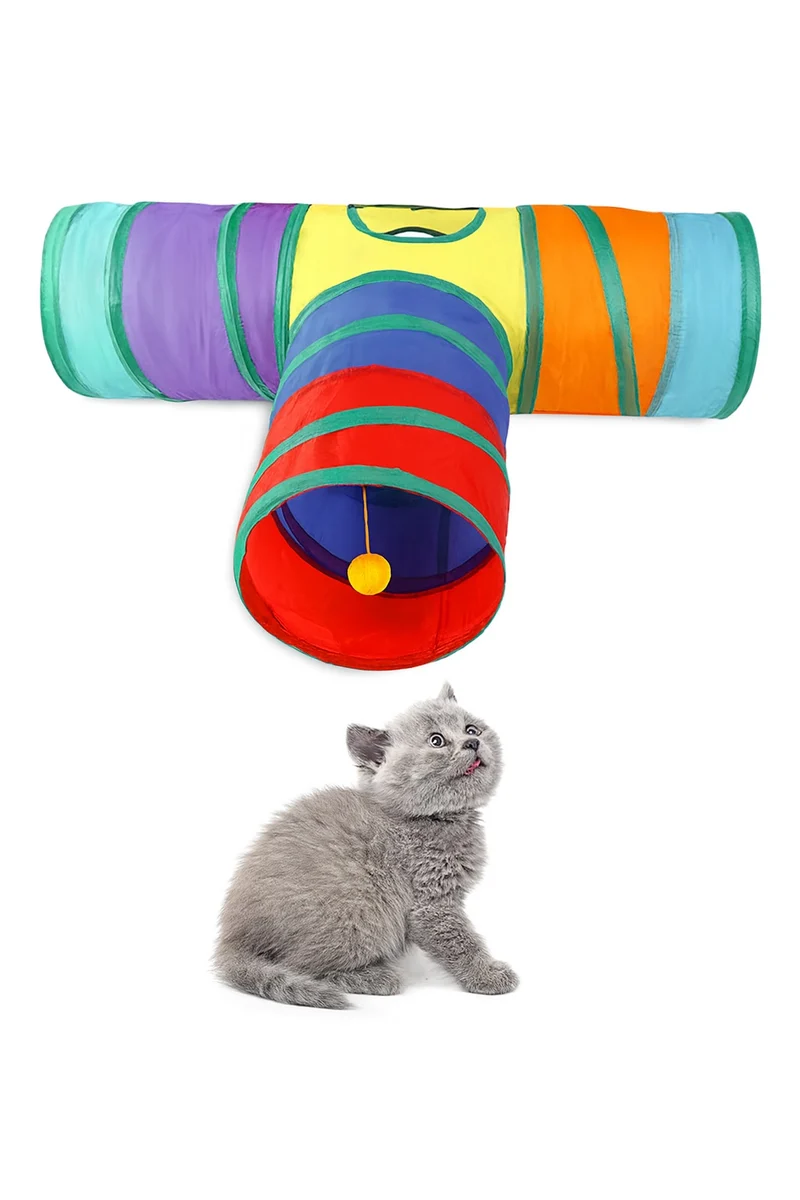 Tunnel pour Chat en Forme de T Arc-en-Ciel – Jouet Interactif Anti-Ennui, Polyester Écologique, Pliable & Durable