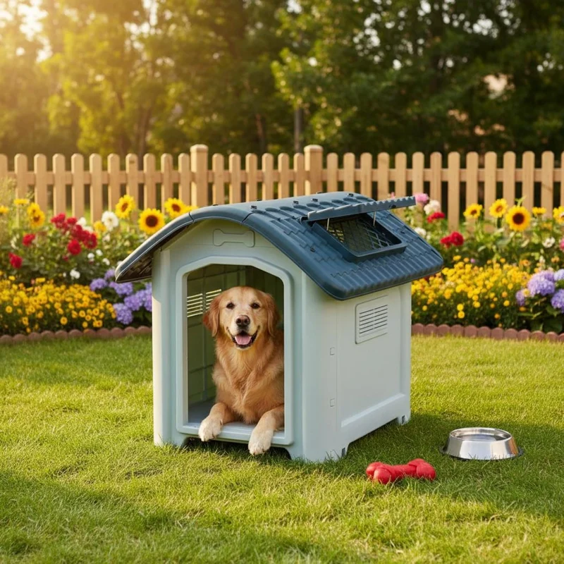 Niche Chien en Plastique Extérieur Toit Bleu Ventilée