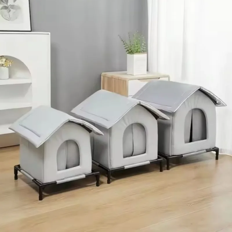 Petite Niche Chien Pliable Grise Surélevée pour Chiot