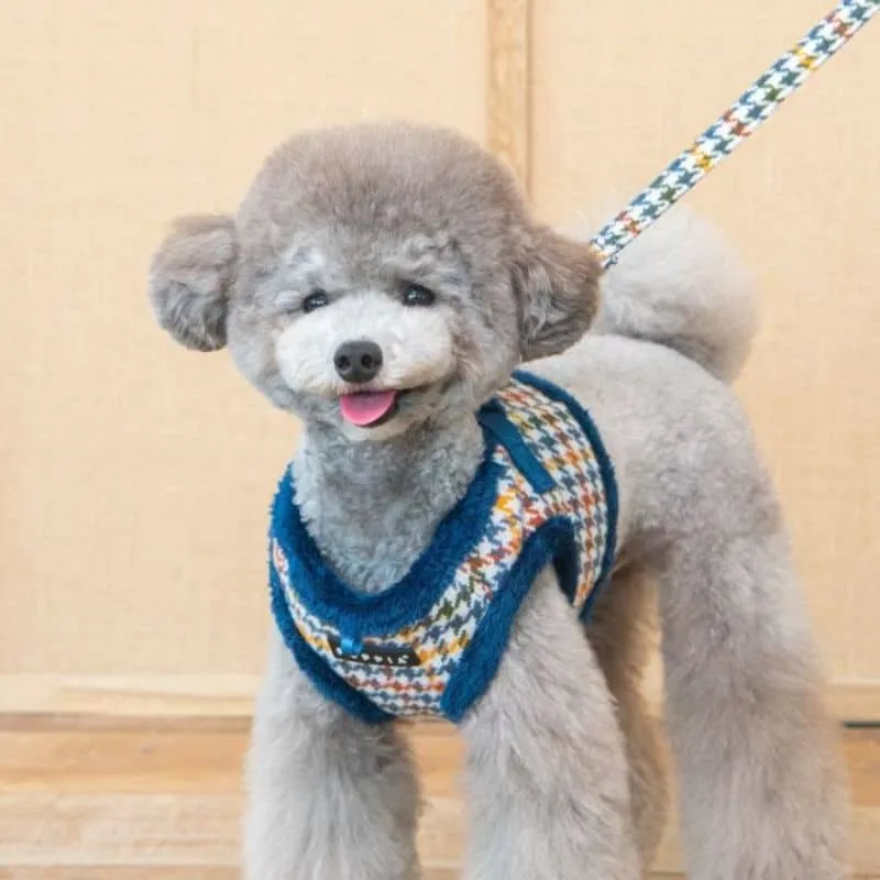HARNAIS VESTE POUR CHIEN (ET CHAT) FOURRURE - LAINAGE PIED DE POULE BLEU "KENT"