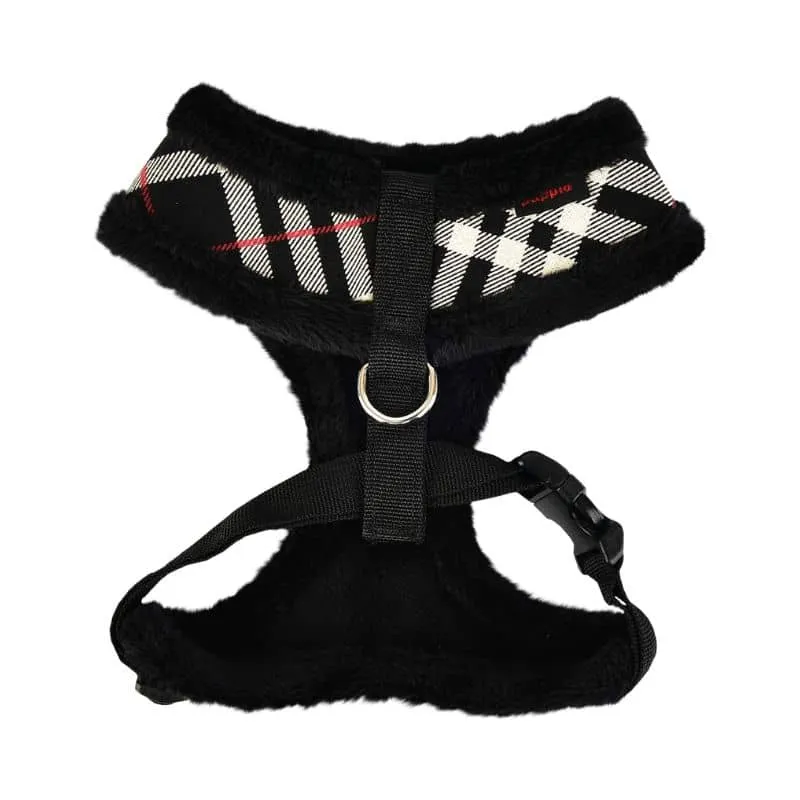 HARNAIS AJUSTABLE POUR CHIEN FOURRURE - MOTIF TARTAN BEIGE & NOIR